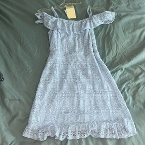 Live To Be Spoiled Ruffled Crochet Off-The-Shoulder Skater Dress